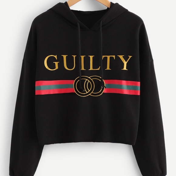 Guilty Print Cropped Hoodie Sweatshirt White Black - Picture 2 of 8
